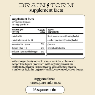 Nutritional information for Brainform supplement, including ingredients and serving sizes.