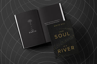 A book cover featuring a serene river flowing through a mystical forest, symbolizing the soul of nature and tranquility.