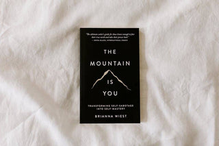 Image of a majestic mountain with the title "The Mountain is You" by Brrianna Wiest.