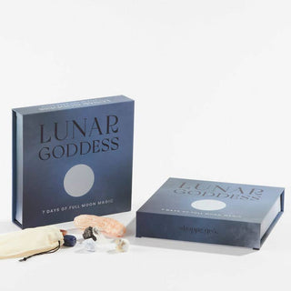 Image of a lunar goddess kit, including moonstone crystals, silver jewelry, and a book on moon rituals.