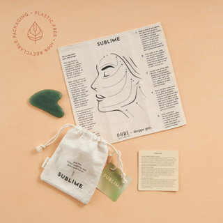 A skin care kit with a bag, paper, and card.
