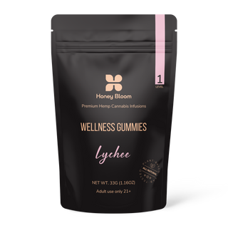 A bag of wellness gummies with pink and black packaging, promoting a healthy lifestyle and well-being.