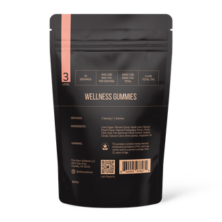 Back view of a pouch of wellness gummies, featuring ingredients list and nutritional information.