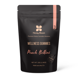 Peach Bellini wellness gummies, a delicious and healthy treat for overall well-being and relaxation.