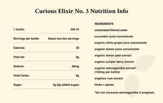 Nutritional information for Curious Elixir No 3 product, showing calories, fat, protein, and carbohydrates.