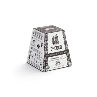 Profile view of the Cacoco product box displaying the product logo and serving recommendation. 