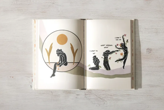 A book with colorful illustrations of people and a bright sun shining in the sky.