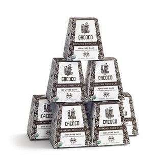 Front view of a stack of boxes of Cacoco drinking cholotate 100% pure dark chocolate